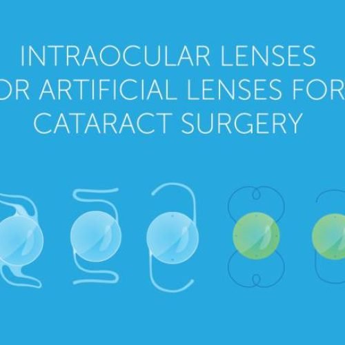 set of species Intraocular lenses or artificial lenses for cataract surgery on a blue background